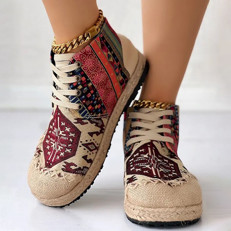 Women's Bohemian Lace-Up Sneakers – Ethnic Print Canvas Casual Shoes with Woven Sole, Lightweight & Comfortable Walking Shoes for Daily Wear & Travel3