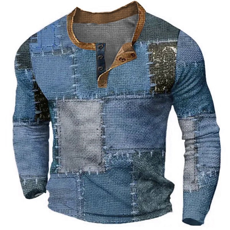 Men's Graphic Color Block Patchwork Henley Shirt Waffle T Shirt Long Sleeve 3D Print Fashion Designer Casual Sports Outdoor Holiday Festival Spring &  Fall Yellow Blue Brown Gray Henley Henley T-Shirt2