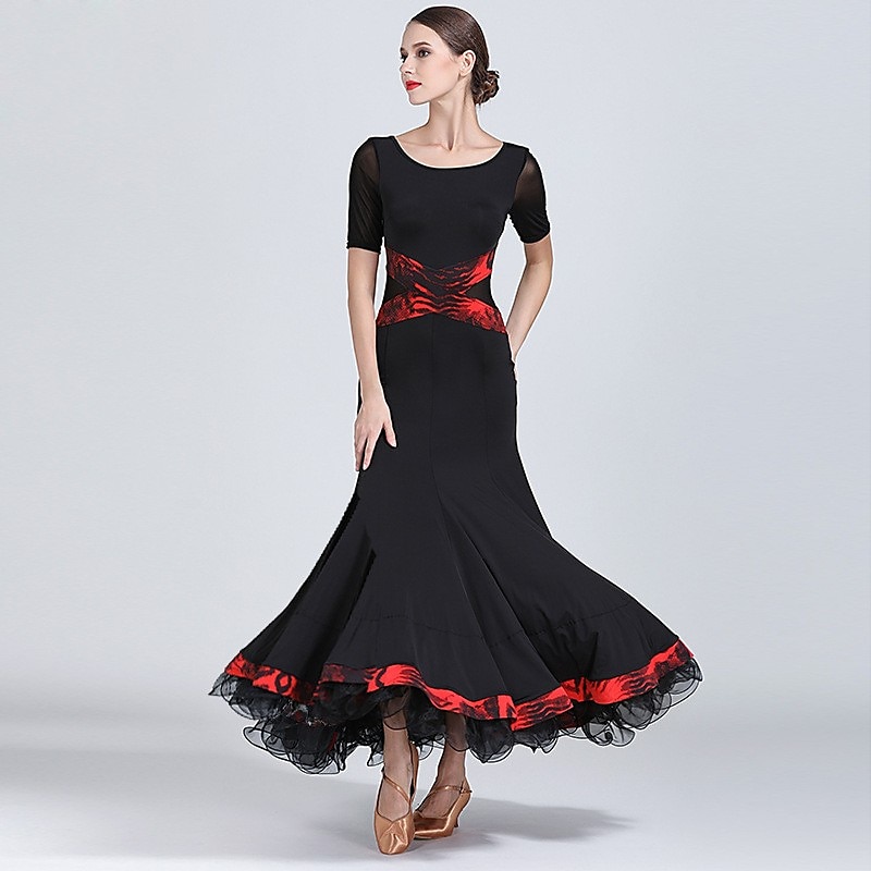 Ballroom Dance Dress Printing Women's Performance Training Short Sleeve Natural Tulle Ice Silk