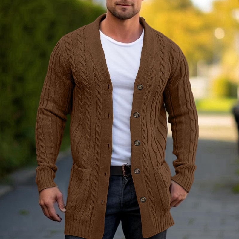 Men's Sweater Cardigan Sweater Cable Knit Long Button Knitted Plain V Neck Warm Ups Modern Contemporary Daily Wear Going out Clothing Apparel Winter Black Brown M L XL2