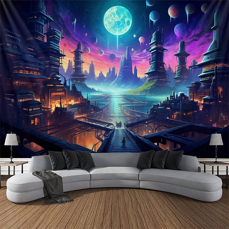 Blacklight Tapestry UV Reactive Glow in the Dark Glow Party Neon Trippy Misty Egypt Architecture Hanging Tapestry Wall Art Mural for Living Room Bedroom