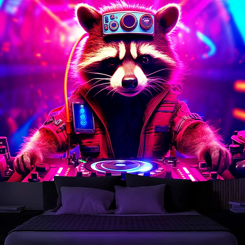Blacklight Tapestry UV Reactive Glow in the Dark Glow Party Neon Trippy Misty DJ Raccoon Animal Hanging Tapestry Wall Art Mural for Living Room Bedroom - Main Image