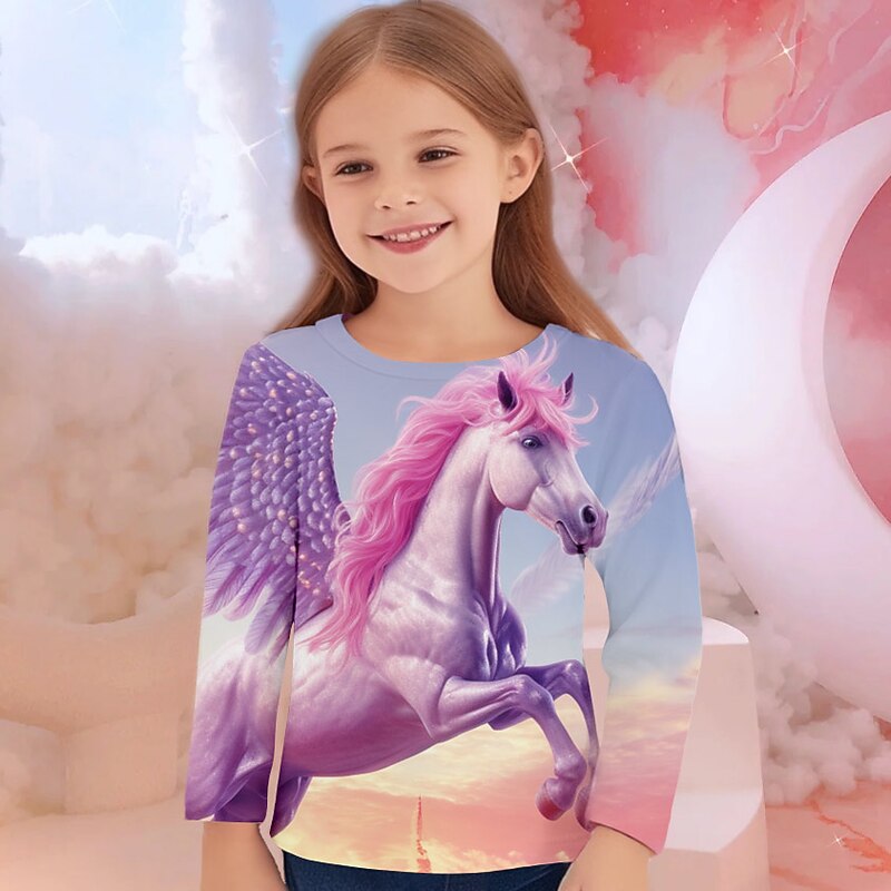 Girls' 3D Unicorn Tee Shirts Long Sleeve 3D Print Fall Winter Active Fashion Cute Kids 3-12 Years Crew Neck Outdoor Casual Daily Regular Fit3