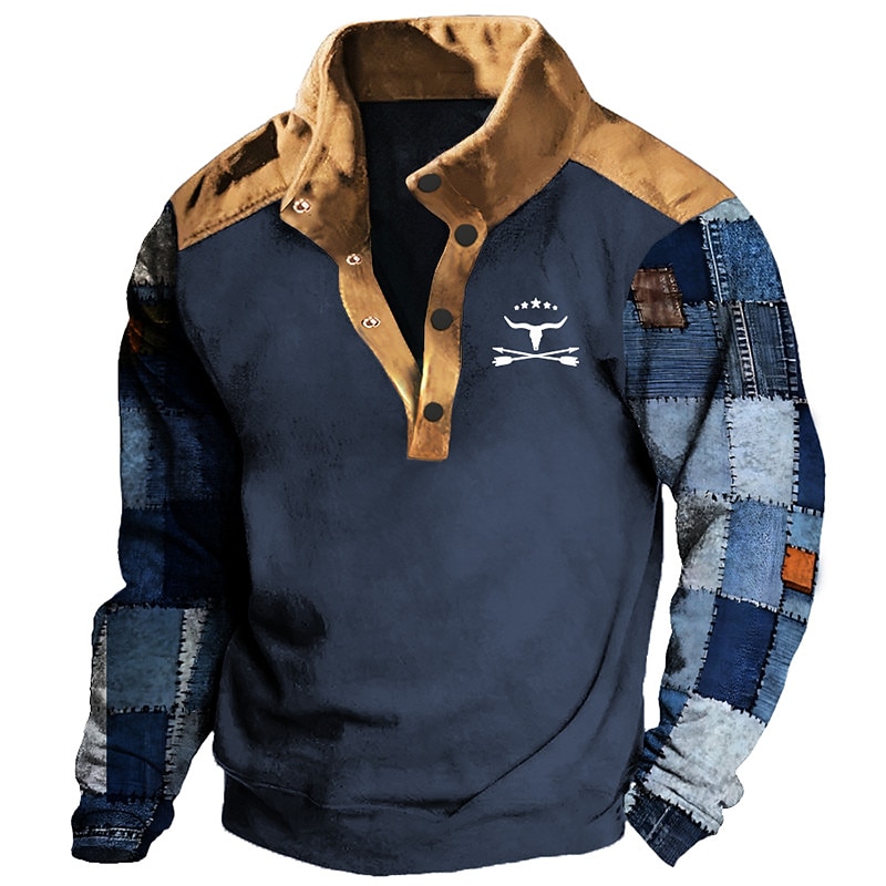 Men's Graphic Color Block Cowboy Sweatshirts Sweatshirt Long Sleeve Sweatshirt Stand Collar Daily Casual Vintage Retro 3D Print Vacation Sports Outdoor Holiday Print Spring &  Fall3