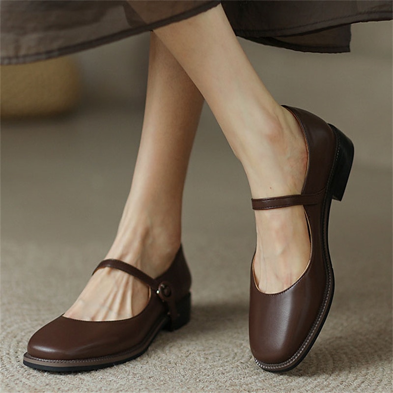 Women's Brown Mary Jane Shoes – Vintage Leather Low Heel Flats with Adjustable Strap, Classic Office & Casual Footwear