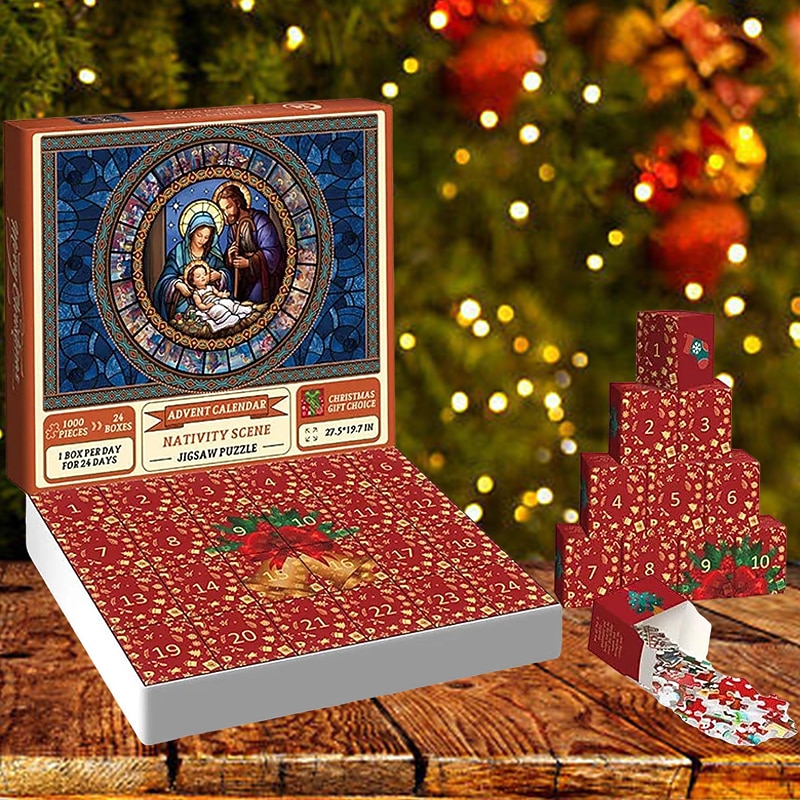 Advent Calendar 2024,Nativity Scene Jigsaw Puzzle 1000 Pieces,Puzzles Jigsaw Countdown Calendar for Christmas Gifts,24 Boxes Puzzles for Countdown, Belen Decoration