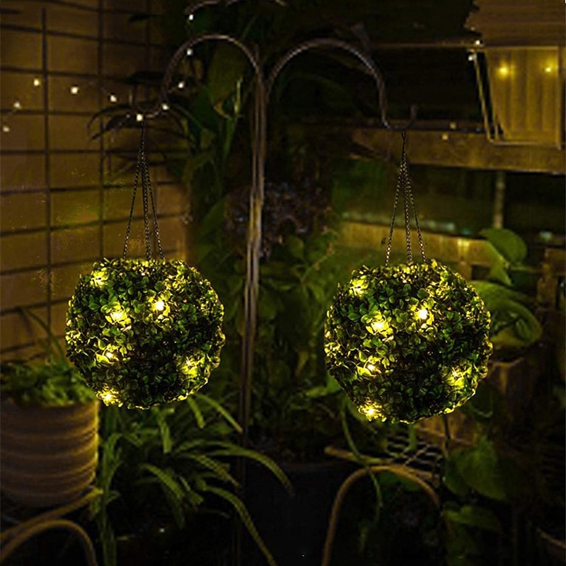 Outdoor Solar Power Grass Ball Hanging Light Yard  Decorative Simulation Grass Ball Chandelier Lamp For Lawn Garden Holiday  Decor Lighting Dia 14cm