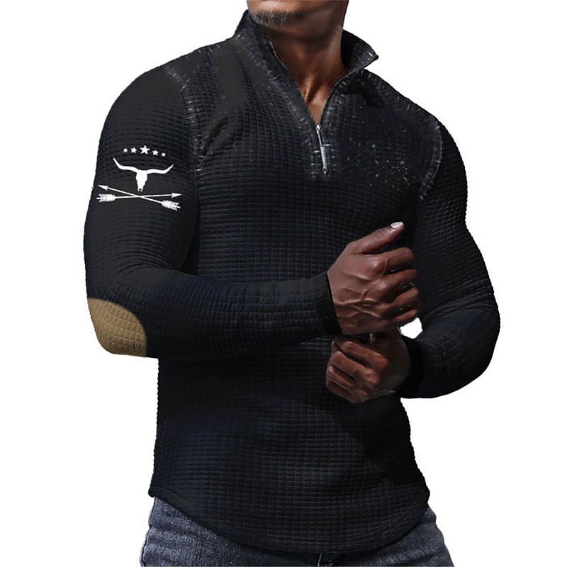 Men's Waffle Polo Shirts Zip Polo Golf Polos Shirts Long Sleeve Polo Shirts Zip Vintage Casual Daily 3D Print Fall & Winter Black White Khaki4