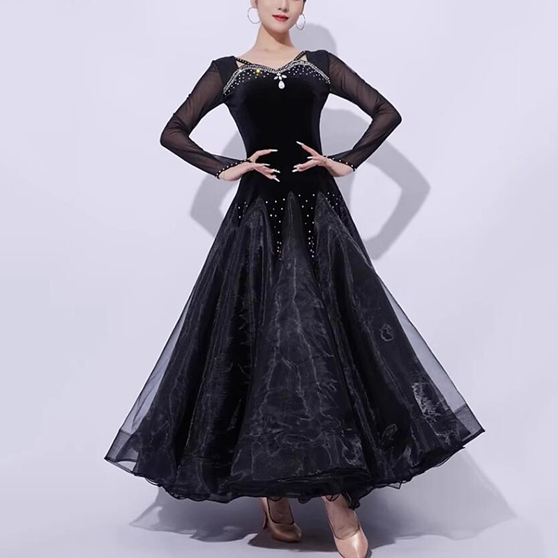 Ballroom Dance Dress Crystal / Rhinestone Splicing Women's Performance Training Long Sleeve Mesh Organza Velvet3