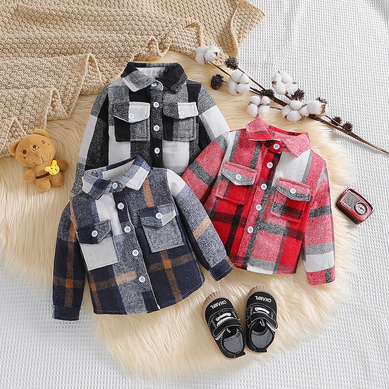 Kids Girls' Children's Day Shacket Plaid Fashion Crewneck Outdoor Cotton Coat Outerwear 3-6 Y Spring Black White Pink2
