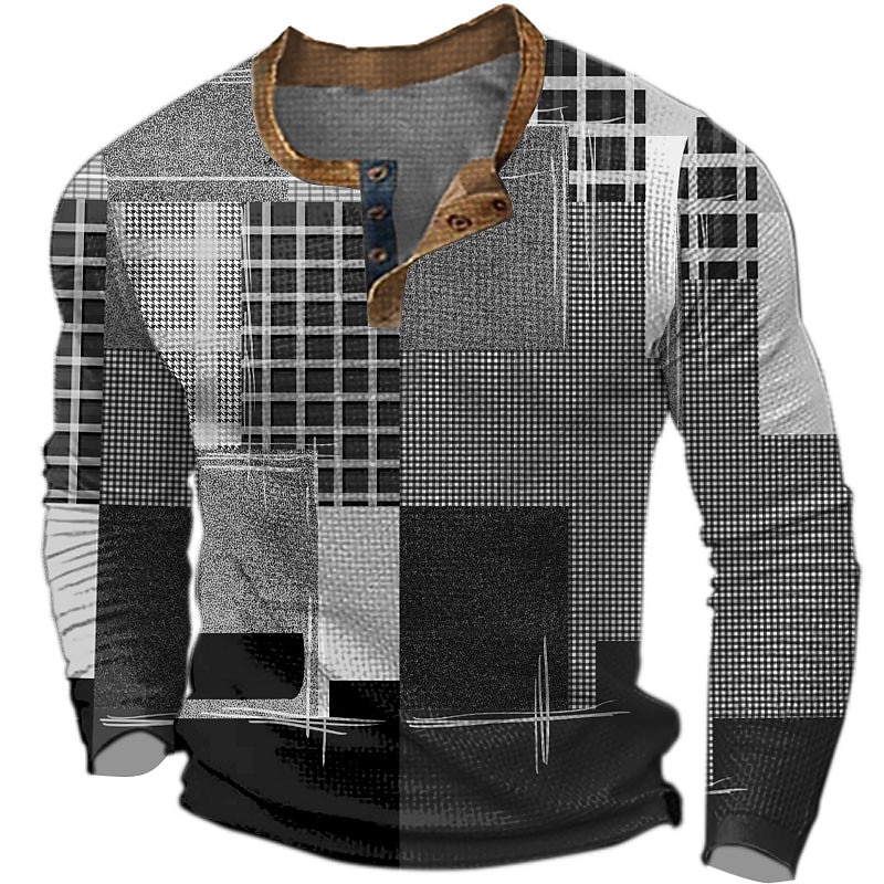 Men's Graphic Plaid Color Block Henley Shirt Waffle T Shirt Long Sleeve 3D Print Fashion Designer Retro Vintage Sports Outdoor Holiday Festival Spring &  Fall Burgundy Blue Green Gray Henley Henley4