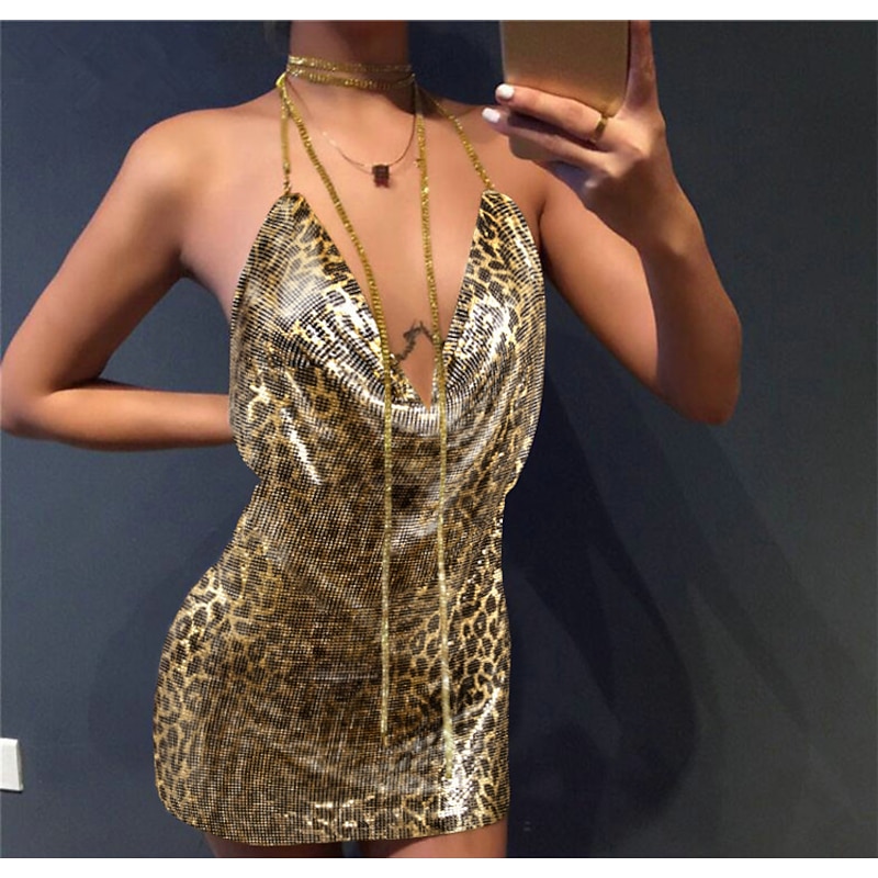 Metallic Backless Sparkle Body Chain Mini Dress Disco Deep V Fancy Dress Women's Party Club Adults' Dress2