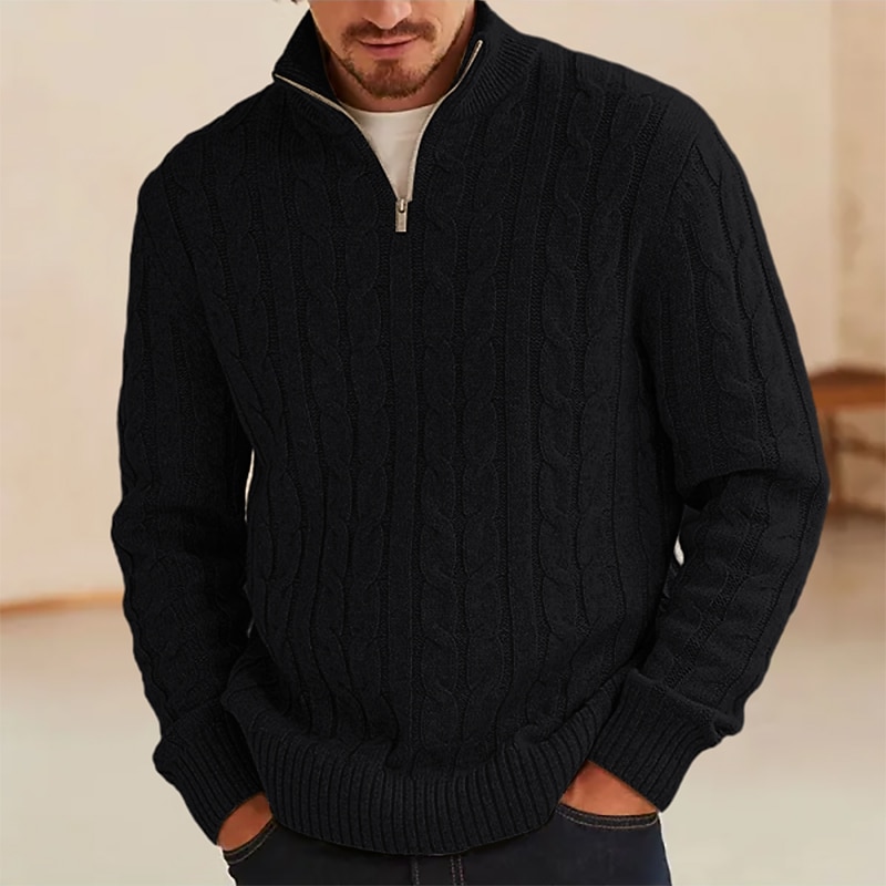 Men's Sweater Pullover Sweater Jumper Knit Sweater Ribbed Cable Knit Regular Knitted Plain Quarter Zip Vintage Keep Warm Daily Wear Going out Clothing Apparel Fall Winter Black Blue S M L2