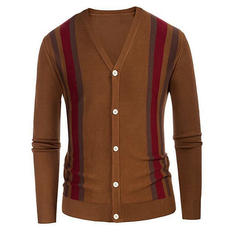 Men's Cardigan Sweater Knit Sweater Ribbed Knit Cropped Button Up Color Block V Neck Warm Ups Modern Contemporary Casual Daily Wear Clothing Apparel Fall Winter Dark Navy Brown M L XL4