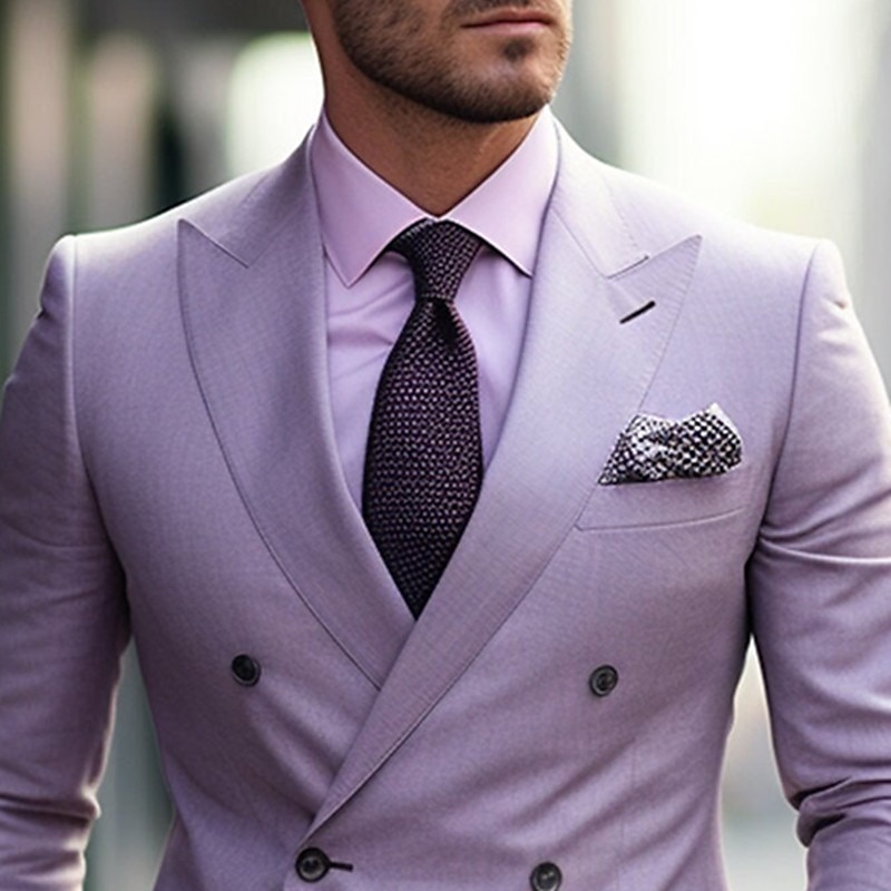 Men's Wedding Party Suits Peak Grape Purple Daily Business Solid Colored Tailored Fit 2 Piece Double Breasted Six-buttons3