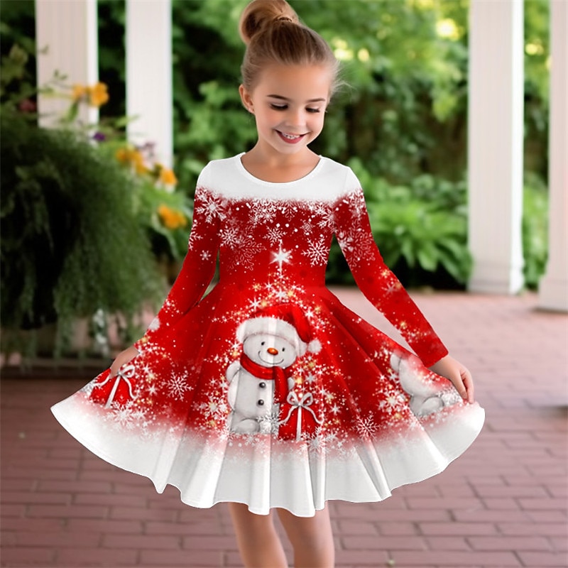 Girls' 3D Snowman Snowflake Dress Long Sleeve 3D Print Fall Winter Sports & Outdoor Daily Holiday Cute Casual Beautiful Kids 3-12 Years Casual Dress A Line Dress Above Knee Polyester Regular Fit