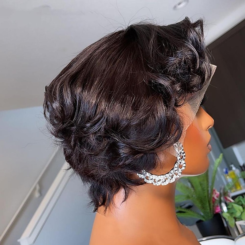 Human Hair 13x4 Lace Front Pixie Cut Wig Wave Bob Transparent Lace Front Human Hair Wigs Brazilian Lace Frontal Wigs For Women Side Part Short Curly Wig2