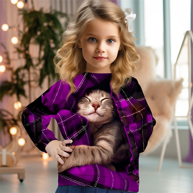 Girls' 3D Plaid Cat Christmas Sweatshirt Sweatshirt Pullover Long Sleeve 3D Print Fall Winter Fashion Streetwear Adorable Kids 3-12 Years 4-13 Years Crew Neck Outdoor Casual Daily Regular Fit3
