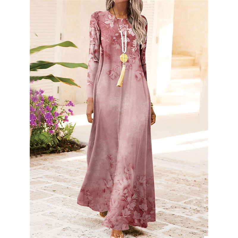 Women's Maxi Dress Vintage Bohemian A Line Dress Crew Neck Long Sleeve Casual Dress Winter Dress Swing Dress Fashion Streetwear Modern Outdoor Daily Date Fit Floral Pink Blue Purple Fall Winter3