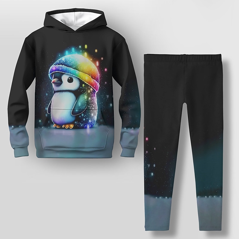 Girls' 3D Penguin Hoodie & Legging Set Long Sleeve 3D Print Fall Winter Active Fashion Daily Kids 3-12 Years Outdoor Vacation Date Regular Fit