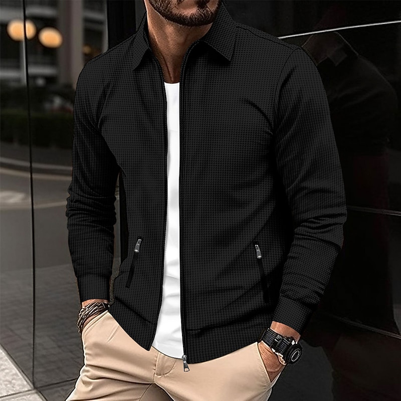 Men's Lightweight Jacket Waffle Jacket Summer Jacket Shirt Jacket Outdoor Vacation Warm Pocket Zipper Pocket Fall Winter Plain Fashion Streetwear Lapel Regular White Khaki Gray Jacket3
