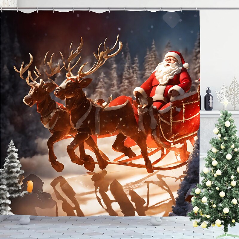 Christmas Bathroom Deco Shower Curtain with Hooks Bathroom Decor Waterproof Fabric Shower Curtain Set with12 Pack Plastic Hooks