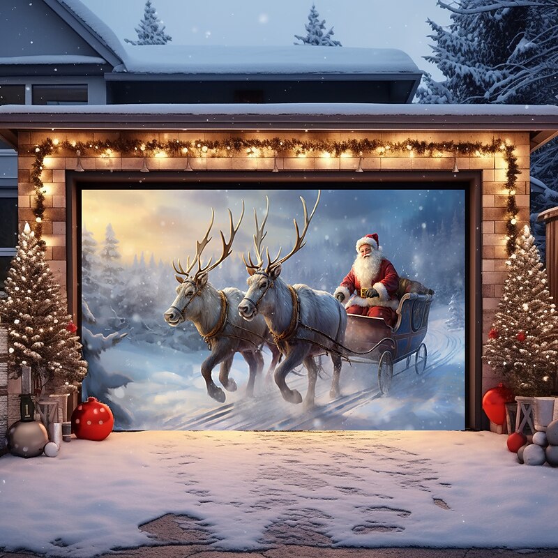 Christmas Door Decorations Outdoor Garage Door Cover Reindeers Santa Sled Xmas Door Banner Party Large Door Mural Backdrop Decoration forHoliday Home Wall Decorations2