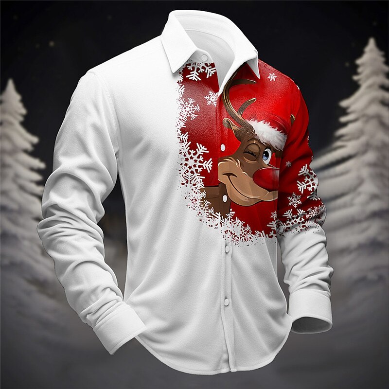 Christmas Men's Christmas animal Printed Shirts Elk Casual Fleece Long Sleeve Daily Wear Vacation Going out Fall & Winter Turndown Print Button-Down Fleece Burgundy Green Fleece3