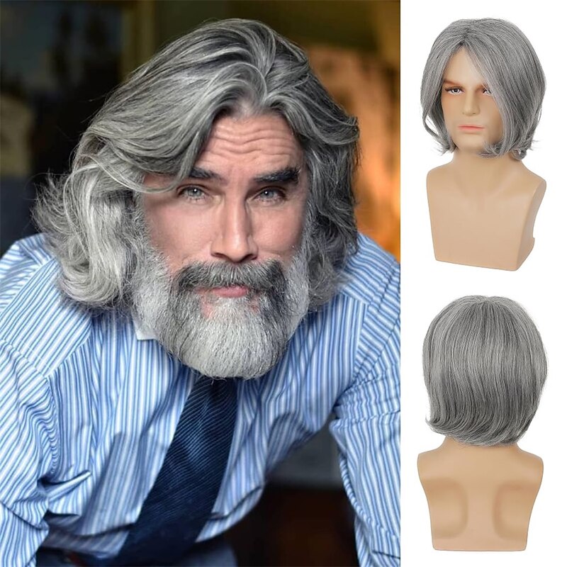 Mens Grey Wig Short Grey Wig Side Part Synthetic Hair Replacement Wig for Daily Party Costume Halloween