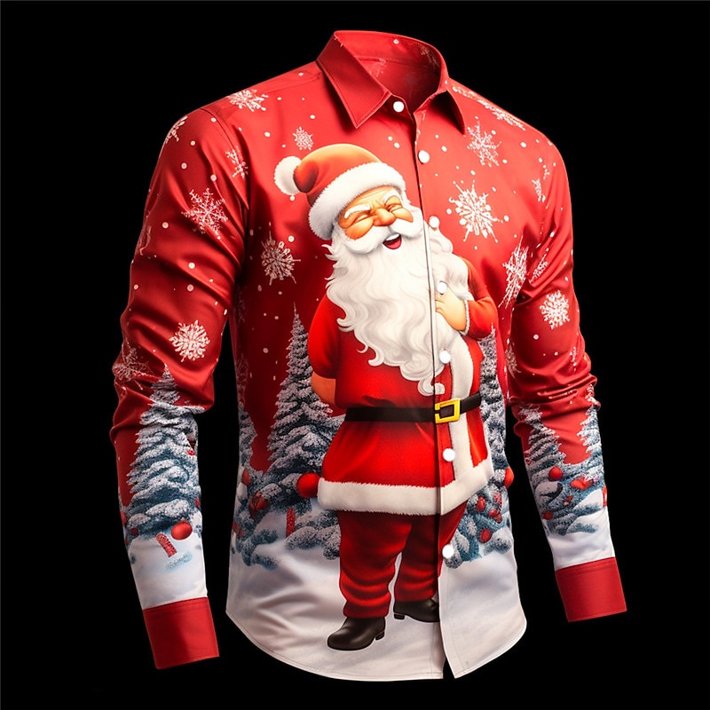 Christmas Men's Santa Claus Printed Shirts Santa Claus Casual Daily Wear Going out Fall & Winter Turndown Long Sleeve Burgundy, Blue, Purple S, M, L 4-Way Stretch Fabric Christmas