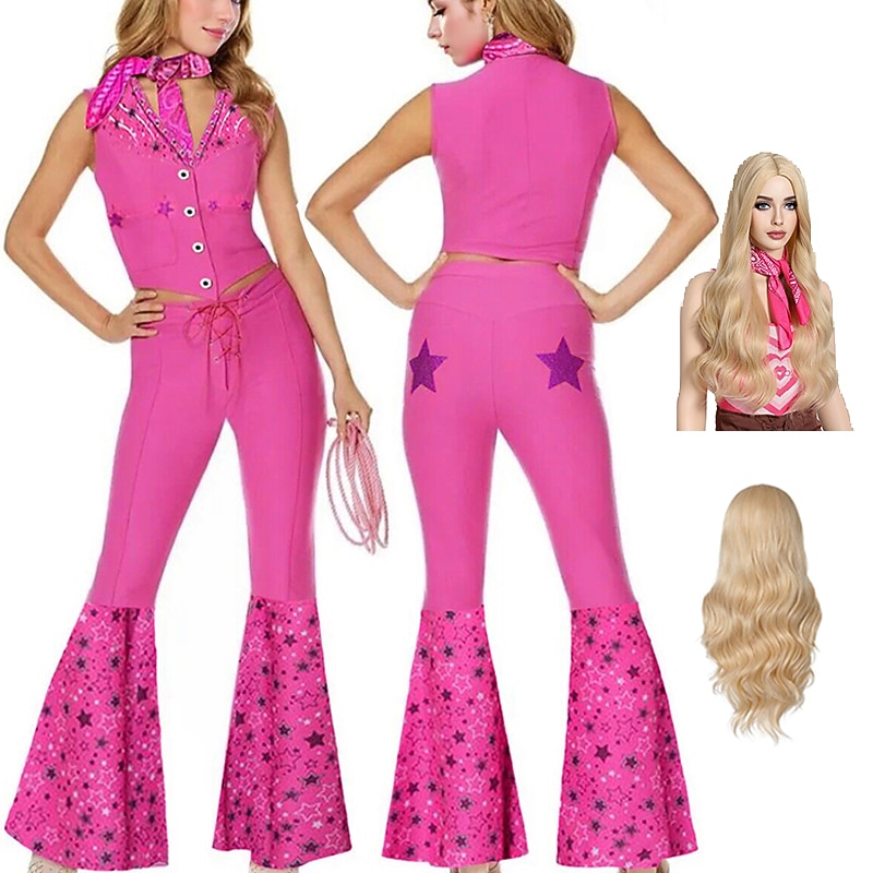 Pink West Cowgirl Outfit Doll Pants Vest Scarf Women's Movie Cosplay Y2K Halloween Carnival Masquerade With Wig