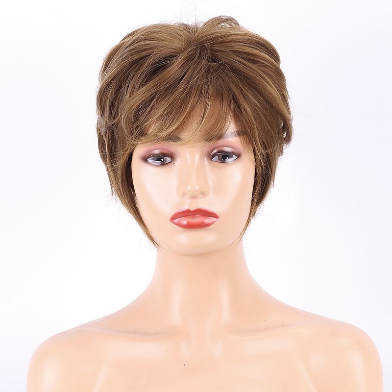 Synthetic Wig Curly With Bangs Machine Made Wig Short Light Brown Synthetic Hair Women's Soft Fashion Easy to Carry Brown2