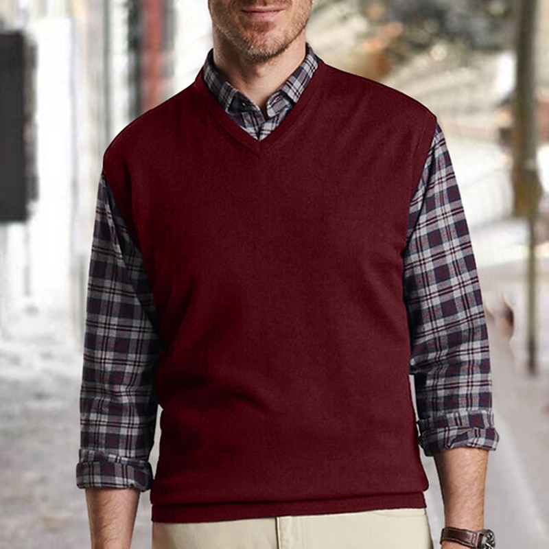 Men's Sweater Vest Dress Sweater Pullover Ribbed Knit Regular Tops Knitted Plain V Neck Modern Contemporary Work Daily Wear Clothing Apparel Sleeveless Winter Camel Wine S M L3