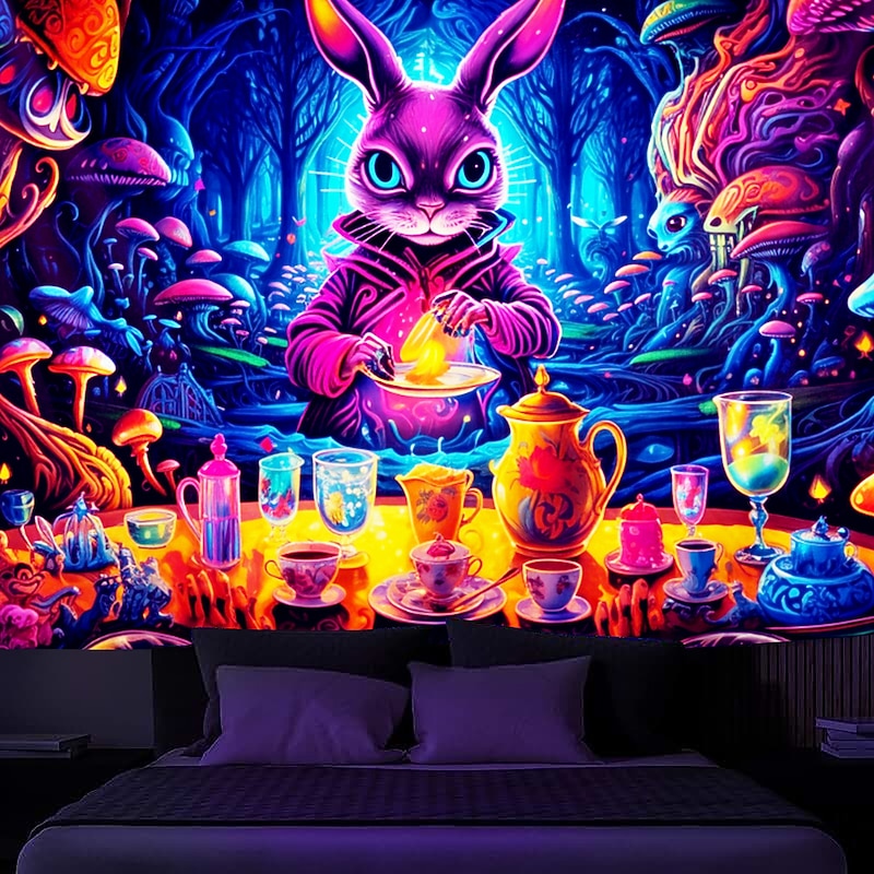 Mushroom Wonderland Blacklight Tapestry UV Reactive Glow in the Dark Rabbit Magic World Nature Landscape Hanging Tapestry Wall Art Mural for Living Room Bedroom