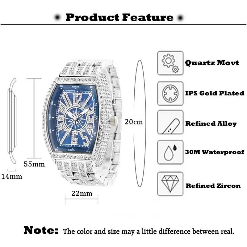 Iced Out Quartz Watch For Men Women Big Wrist Full Diamond Quartz Watches Men's Blue Face Hip Hop Accessories Waterproof Reloj Hombre2