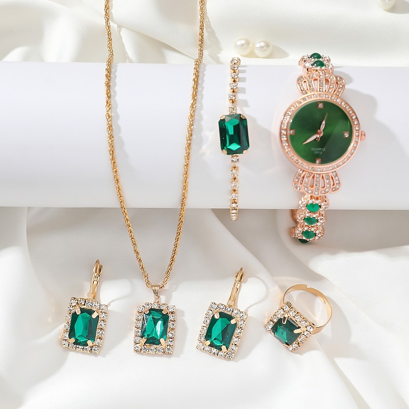 Shining Ladies Watches Gifts Set with Diamond Decorated Bracelet Necklace Ring Earrings Luxury Fashion Jewellery Green Jade Quartz Wrist Womens Watch Rose Gold 5Pcs/Set4