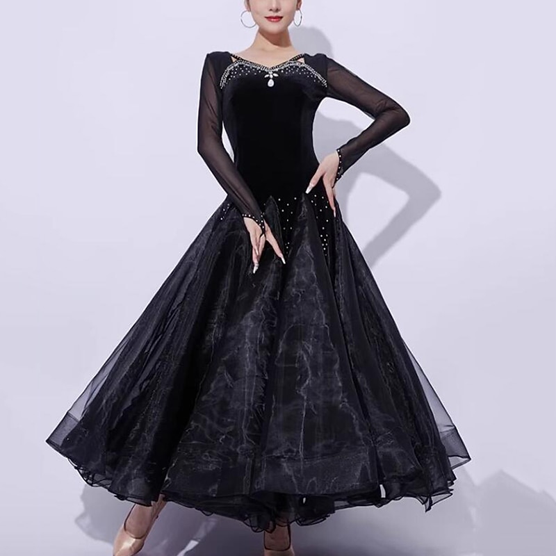 Ballroom Dance Dress Crystal / Rhinestone Splicing Women's Performance Training Long Sleeve Mesh Organza Velvet