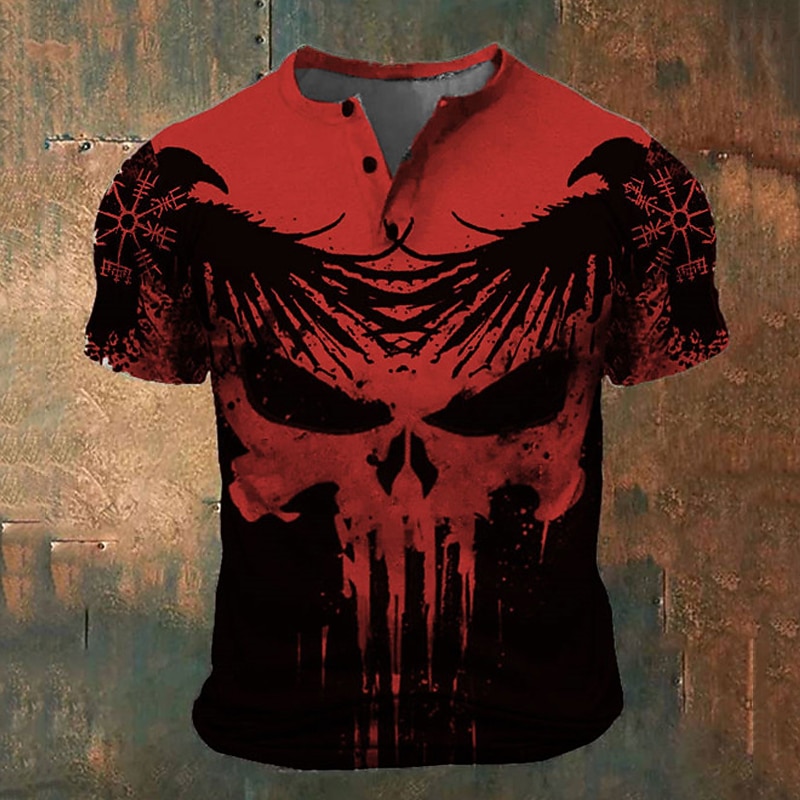 Men's Halloween Graphic Viking Skulls T Shirt Henley Shirt Short Sleeve 3D Print Fashion Retro Vintage Classic Sports Outdoor Holiday Going out Spring & Summer White Blue Red Green Henley Henley2