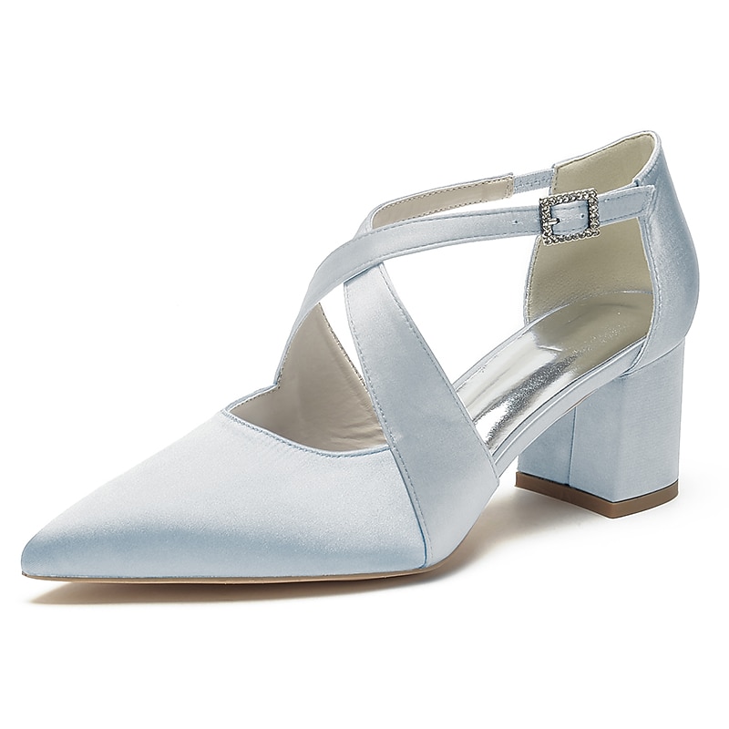 Elegant Women's White Satin Pointed Toe Block Heels – Crisscross Strap Design for Weddings, Formal Parties, and Special Occasions2
