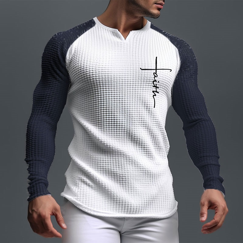 Men's Graphic Letter Faith T Shirt Raglan T Shirt Waffle T Shirt Long Sleeve T shirt 3D Print V Neck Shirt Daily Classic Outdoor Sports Outdoor Casual Going out White Brown Dark Blue Spring &  Fall3