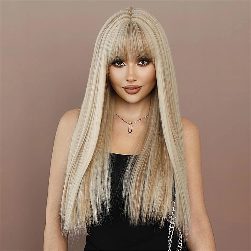 Synthetic Wig Straight Neat Bang Wig Long A1 A2 A3 Synthetic Hair Women's Fashionable Design Soft Natural Pink Dark Gray Blonde2