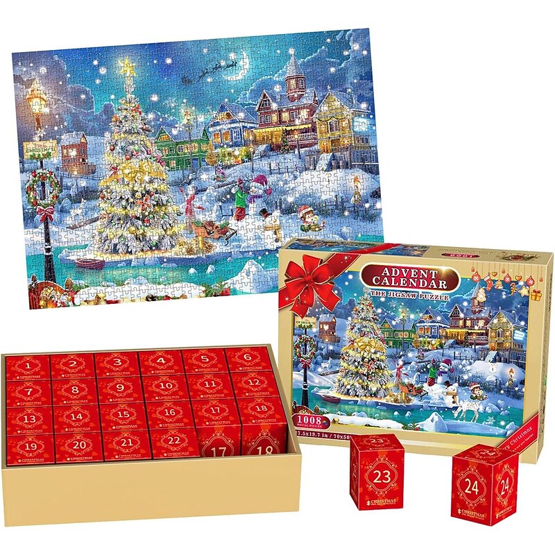 Advent Calendar 2025 Christmas Jigsaw Puzzles Xmas Snowy Night Puzzle 24 Parts 1008 Pieces Puzzles for Adults Teens Kids Jigsaw Puzzles, Christmas Puzzles Xmas Gift2