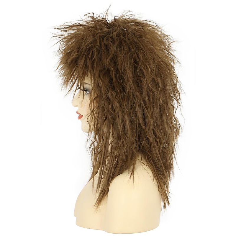 Women Men Long Curly Brown Wig 70s 80s Rocker Mullet Costume Wig Carnival Cosplay Party Wig Halloween Wigs4