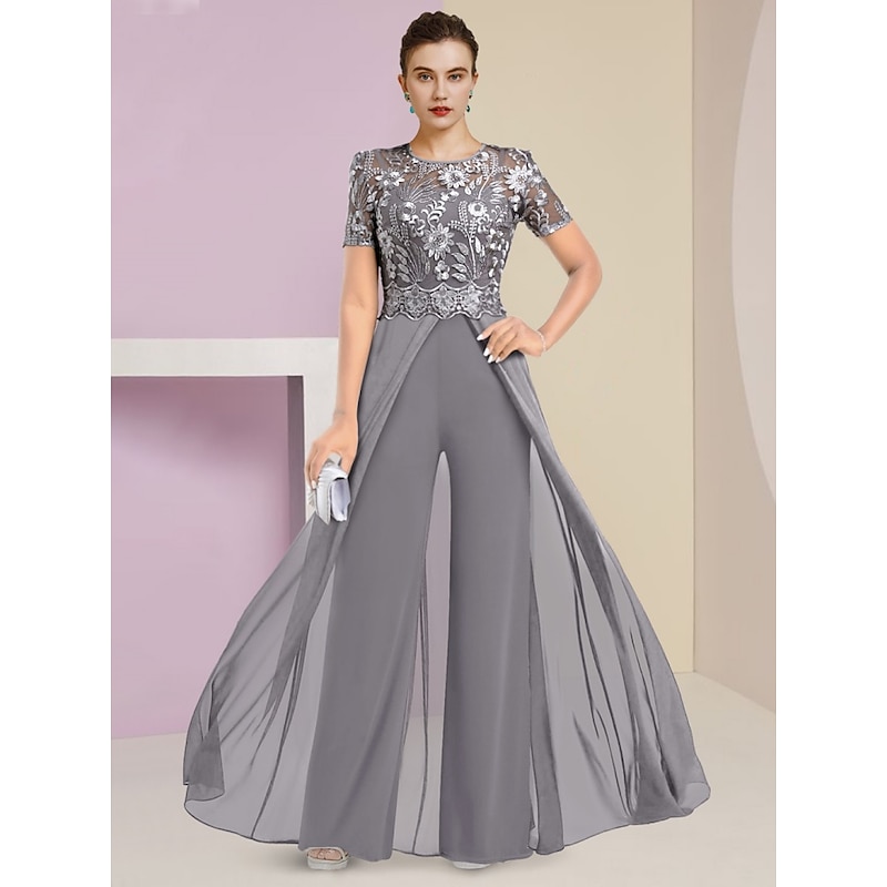 Beach Wedding Jumpsuit Mother of the Bride  Wedding Guest Elegant Jewel Neck Ankle Length Stretch Chiffon Short Sleeve with Lace Pleats