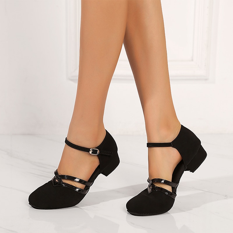 Women's Black Ballroom Dance Shoes with Suede Sole - Low Heel, Comfortable and Non-Slip Practice Latin Dance Shoes with Straps