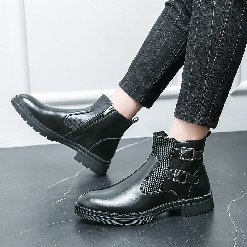 Men's Navy Blue Faux Leather Chelsea Boots, Double Buckle Ankle Boots with Elastic Side for Stylish Durable Wear2