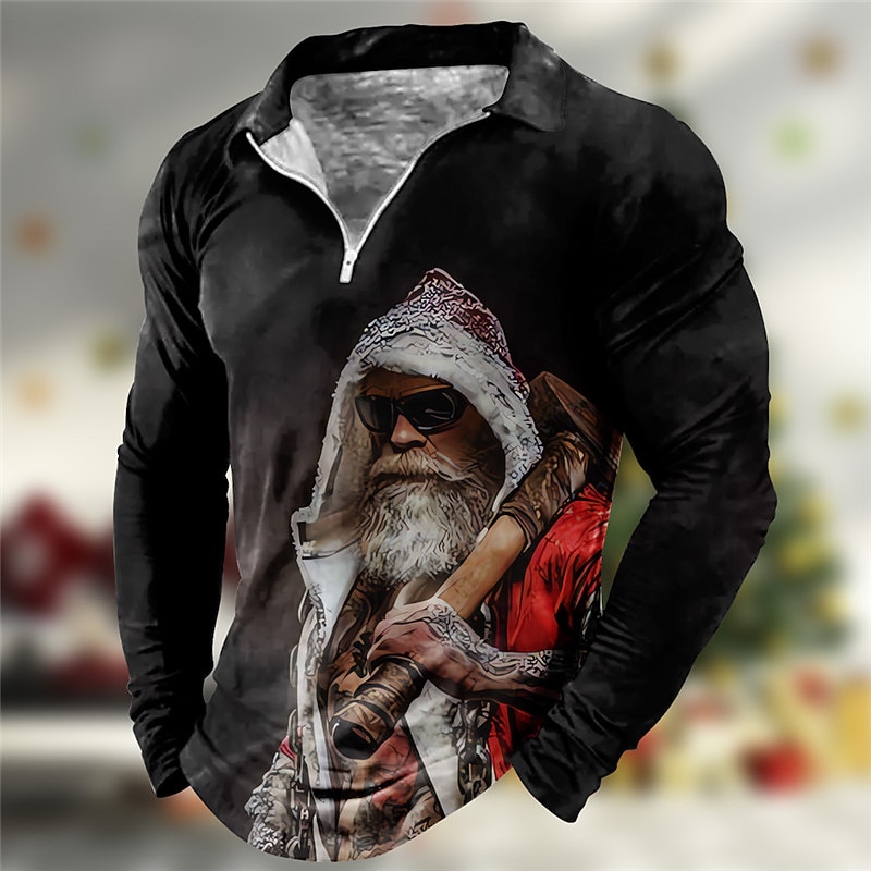 Christmas Men's Santa Claus 3D Zipper Polo Santa Claus Abstract Print 3D Zip Golf Outdoor Casual Daily Streetwear Polyester Long Sleeve Turndown Zip Shirts Black Wine Fall & Winter S M L2