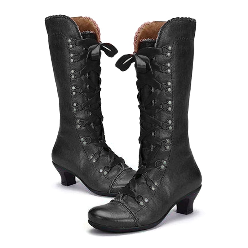 Women's Vintage Gatsby Victorian Lace-Up Mid-Heel Black Faux Leather Boots - Steampunk Gothic Style for Daily Wear, Cosplay, and 1920s Gatsby Parties3