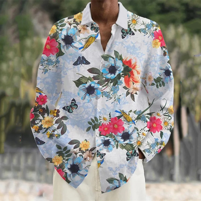 Men's Floral Tropical Flowers Shirt Summer Hawaiian Shirt Aloha Shirt Long Sleeve Shirt Turndown Casual Daily Wear Going out Weekend Blue S M L