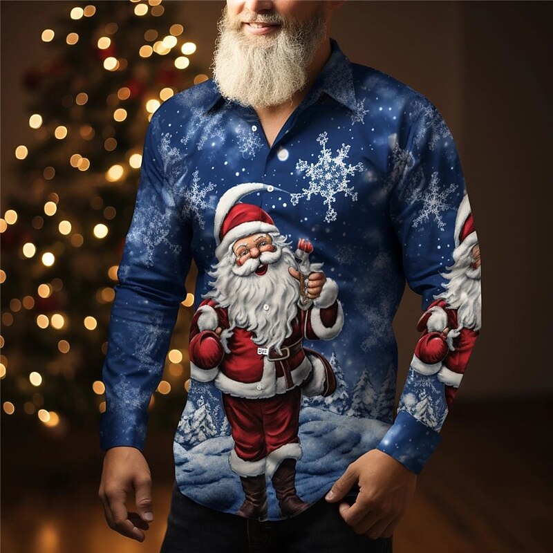 Christmas Men's Santa Claus Printed Shirts Santa Claus Casual Daily Wear Going out Fall & Winter Turndown Long Sleeve Navy Blue, Blue, Sky Blue S, M, L 4-Way Stretch Fabric Shirt2